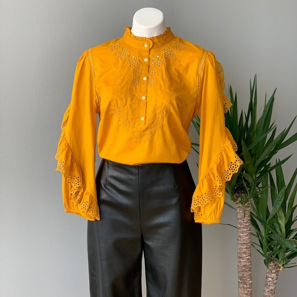 J. Crew Ruffle-Sleeve Embroidered Eyelet Top in Mustard Size Medium - Picture 3 of 10